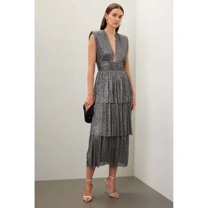 Sabina Musayev Ray Metallic Pleated Tiered Midi Dress Silver Black Small